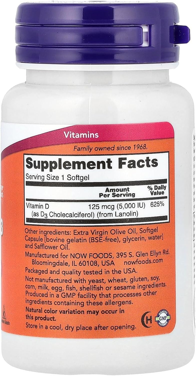 NOW Foods Vitamina D3, 5000 UI, 240 cápsulas blandas