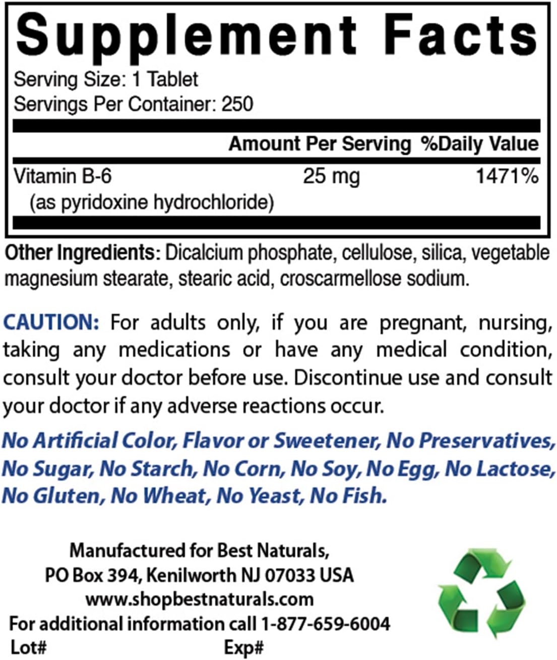 Best Naturals Vitamina B6 25mg - 250 Comprimidos (Pack de 3)