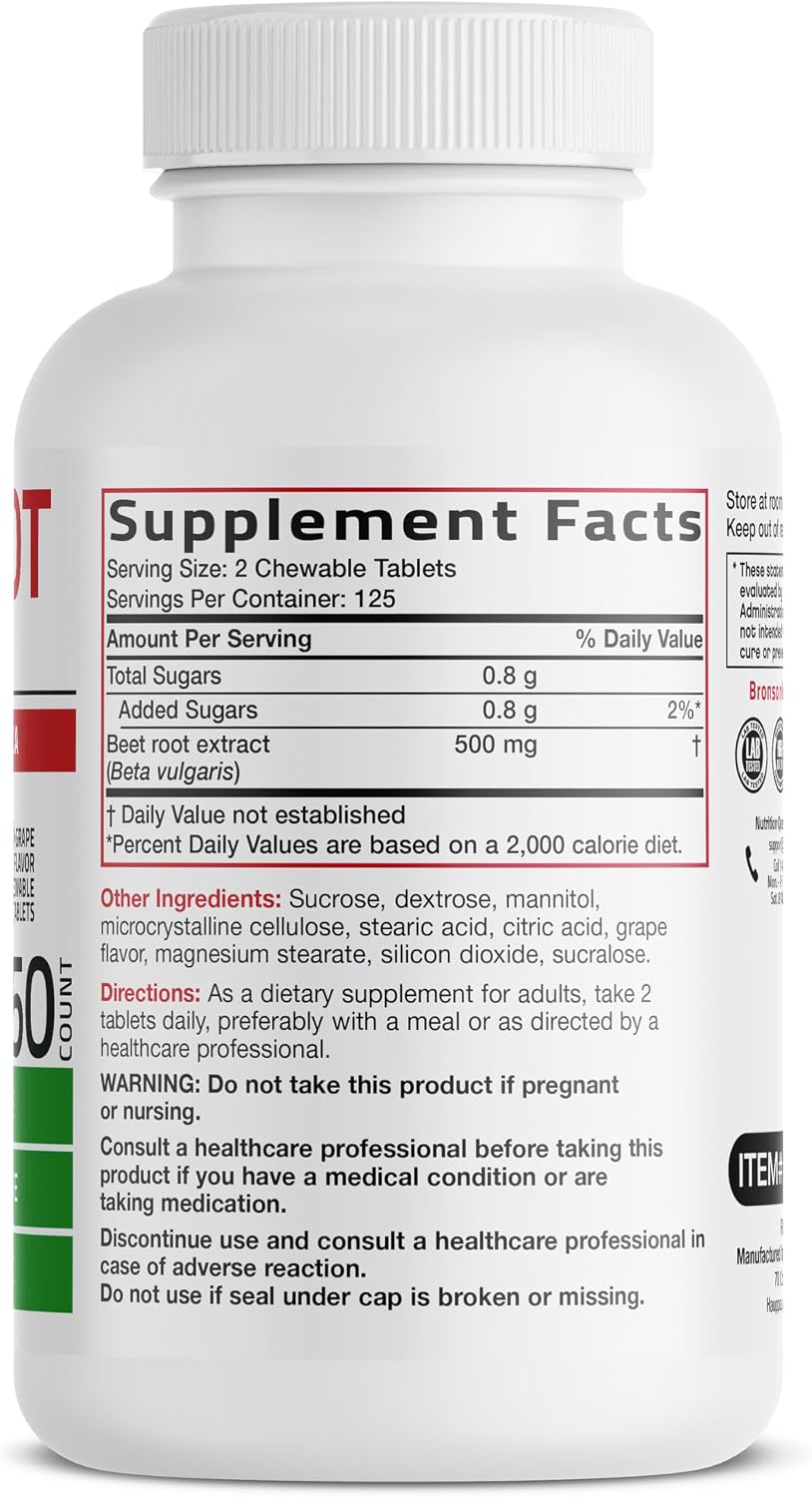 Bronson Beet Root Chewables, Sabor Uva - Extra Strength, 250 Comprimidos Masticables
