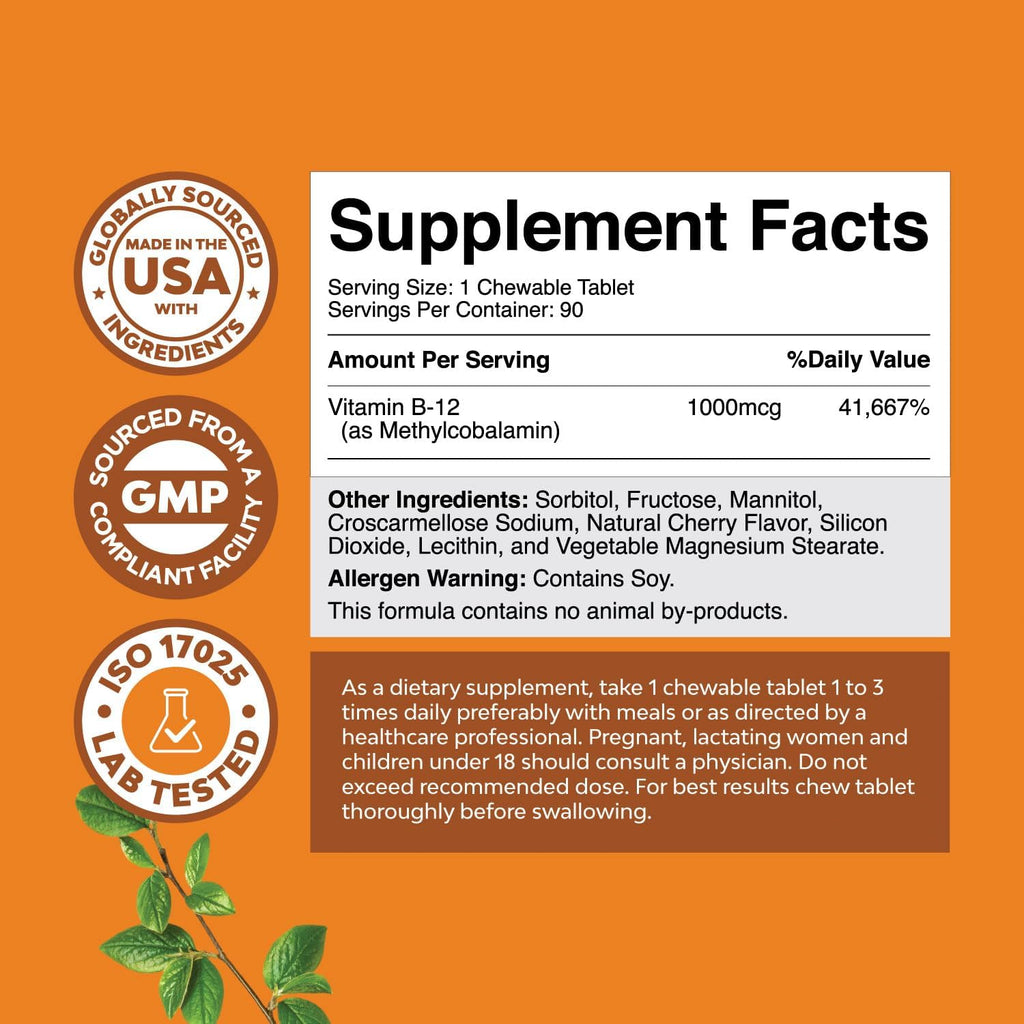 Vitamina B12 Masticable 1000mcg con Metilcobalamina - Sabor Cereza - 60 Comprimidos