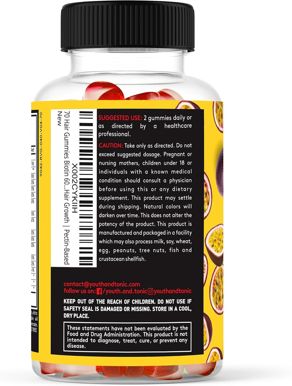70 Gominolas de Biotina 6000mcg, Colágeno, Silicona, PABA y Multivitaminas para Cabello, Piel y Uñas - Youth & Tonic