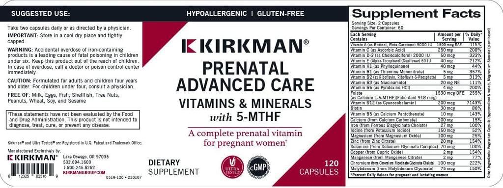 Prenatal Advanced Care, 120 Cápsulas, Kirkman Labs