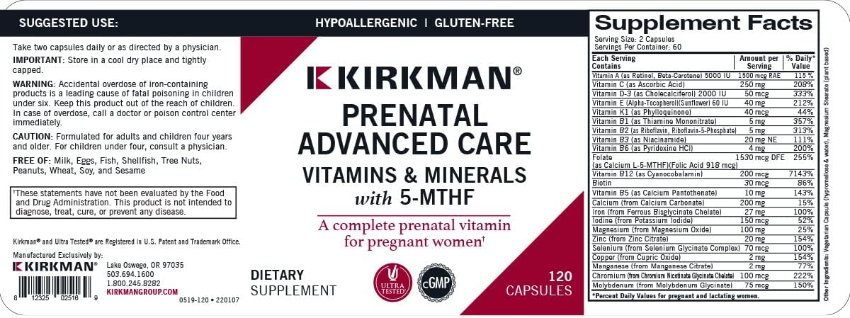 Prenatal Advanced Care, 120 Cápsulas, Kirkman Labs