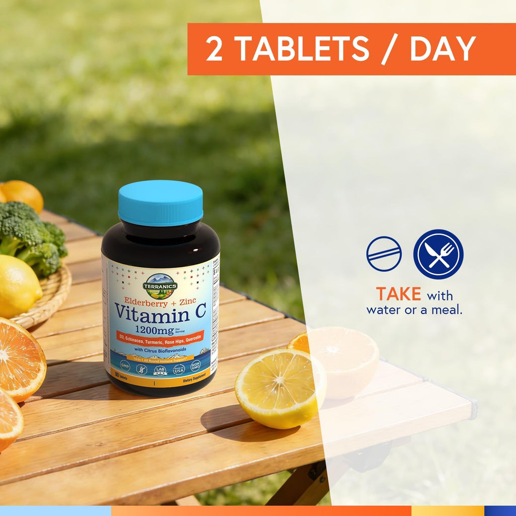 Terranics Vitamin C con Elderberry y Zinc, con Vitamina D3, A, B6, B12, Folato, Escaramujo, Bioflavonoides Cítricos, Cúrcuma, Equinácea, 14-en-1 Apoyo Inmunológico Diario, 90 Comprimidos