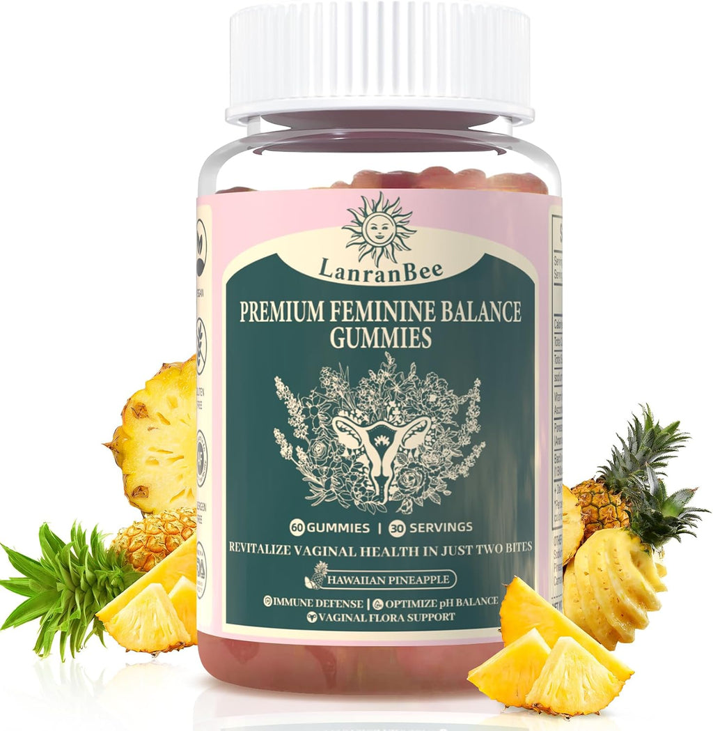 LanranBee Premium Feminine Balance Gummies - Probiótico Vaginal - 60 Gominolas - Sabor Piña Hawaiana