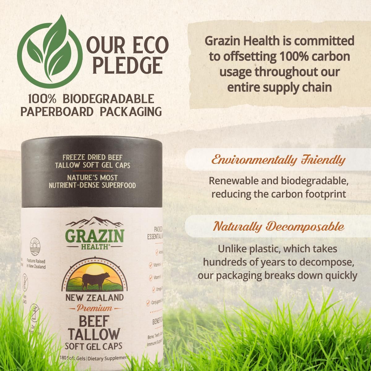 Cápsulas de Sebo de Res Pastoreado – 3000 mg por Dosis | Grass-Fed, Grass-Finished (Nueva Zelanda) | Sin OGM, Sin Rellenos | 30 Días