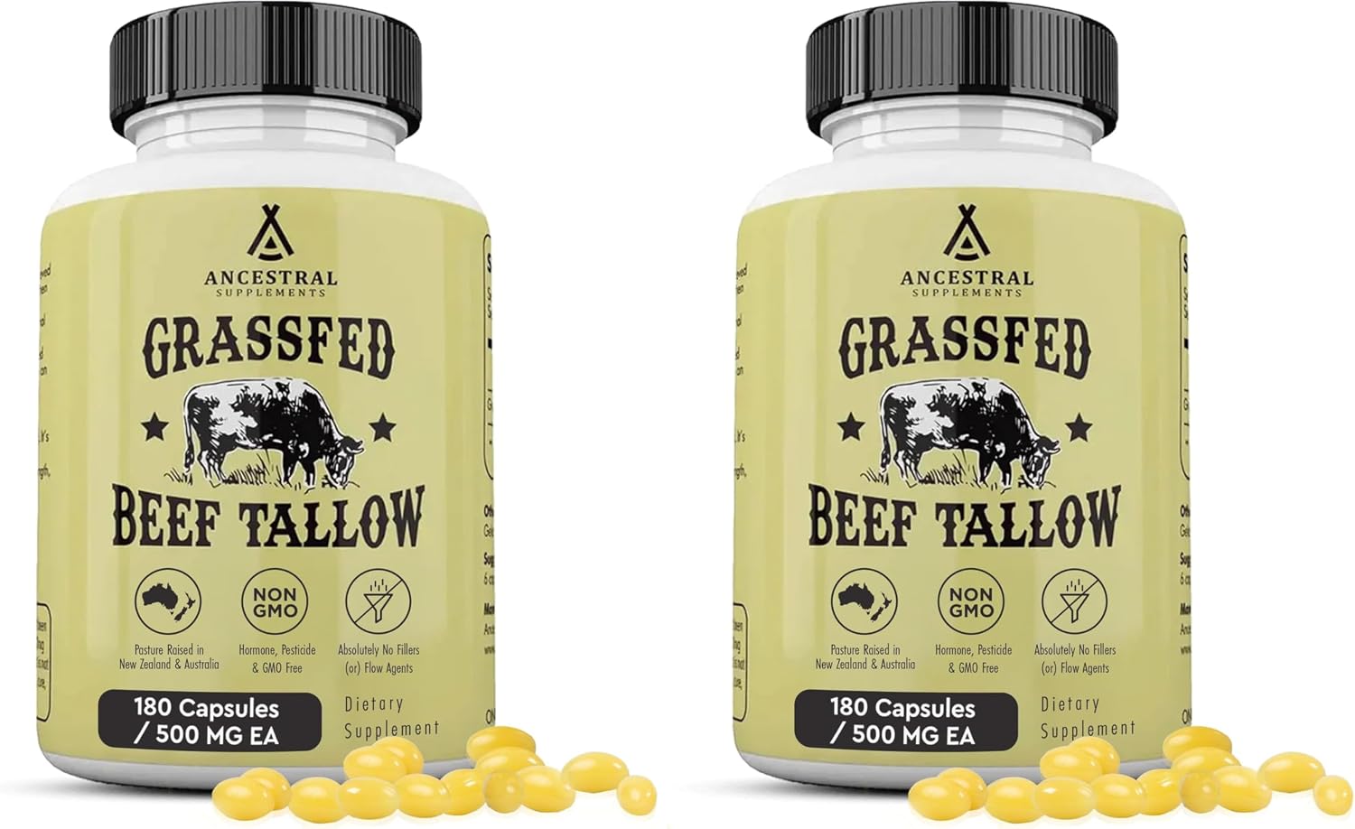 Ancestral Supplements Cápsulas de Sebo de Res Grass Fed, 3000 mg, 180 Cápsulas