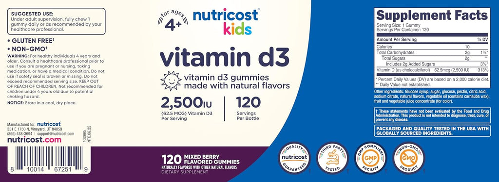 Nutricost Gomitas de Vitamina D3 para Niños 2500 UI (62.5 mcg), 120 Gomitas - Sabor a Bayas Mixtas