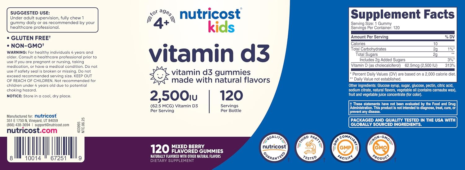 Nutricost Gomitas de Vitamina D3 para Niños 2500 UI (62.5 mcg), 120 Gomitas - Sabor a Bayas Mixtas