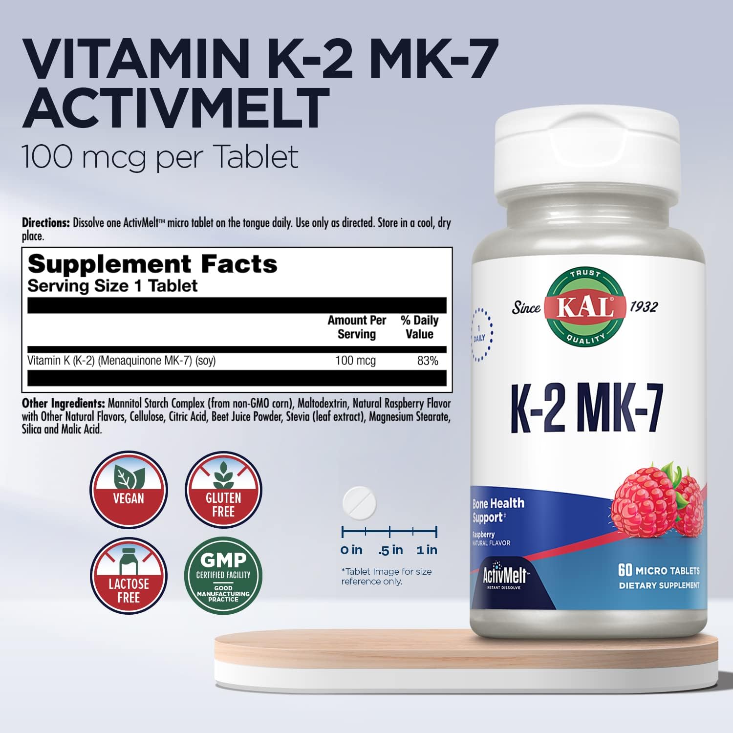 KAL Vitamina K2 MK7 ActivMelt 100 mcg - 60 Comprimidos de Disolución Oral - Sabor Frambuesa Natural