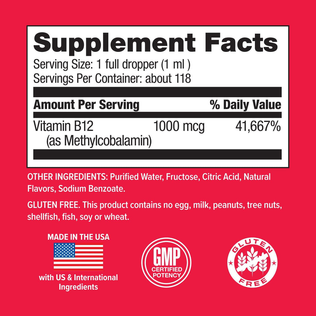 Hi-Health Gotas de Vitamina B12 Líquida, Metilcobalamina, Forma Biológicamente Activa, Sabor Natural a Frambuesa, 118 ml