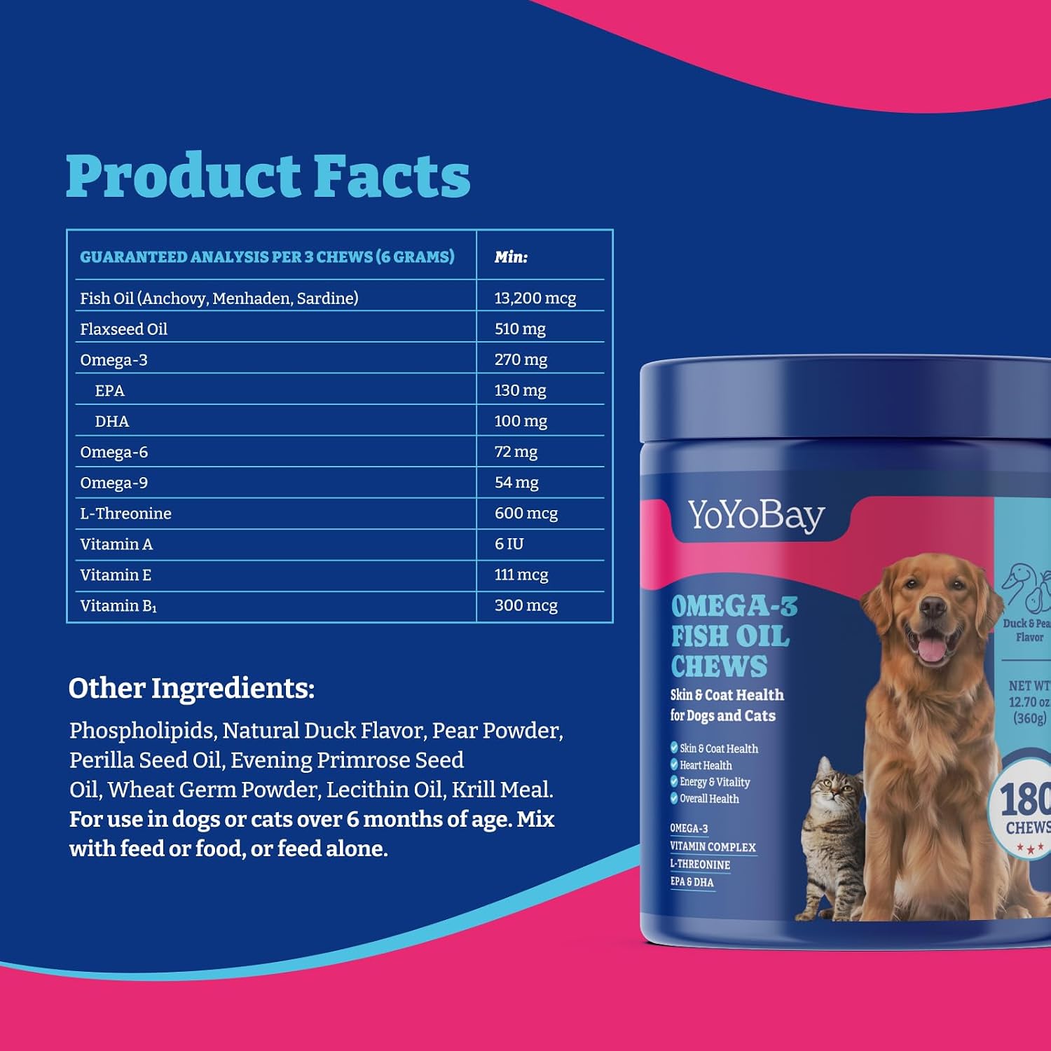 YoYoBay Masticables de Aceite de Pescado para Perros y Gatos - 180 chews blandos sabor pato y pera