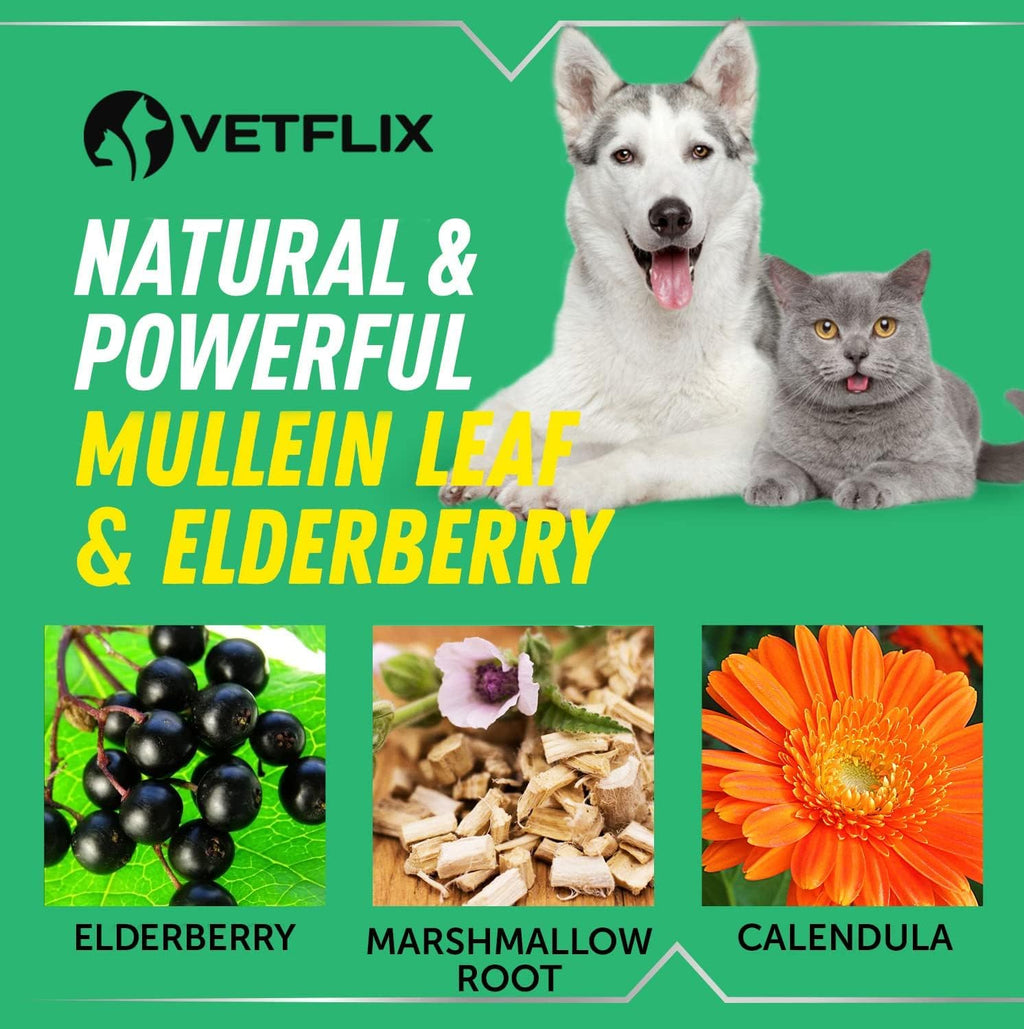 Vetflix Líquido para la tos para perros y gatos - 60 ml - Mezcla de gordolobo, saúco y caléndula