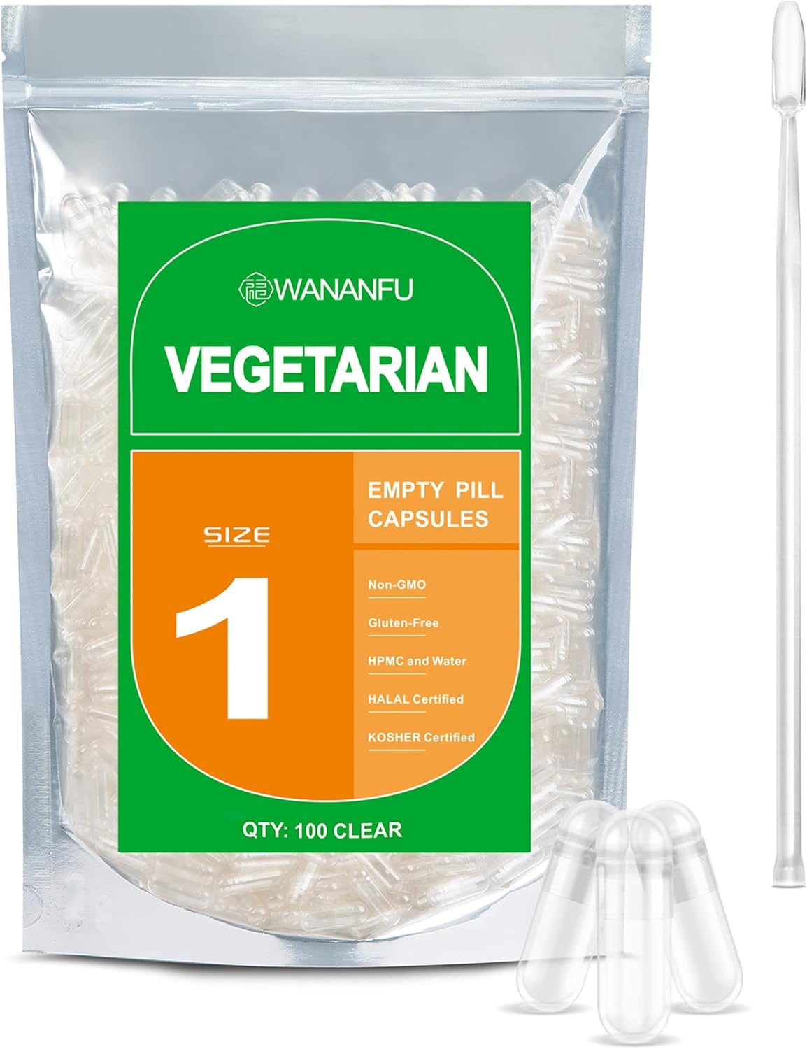 wananfu Cápsulas Vegetales Vacías Tamaño 1 (100 uds) con Micro Cuchara Dosificadora