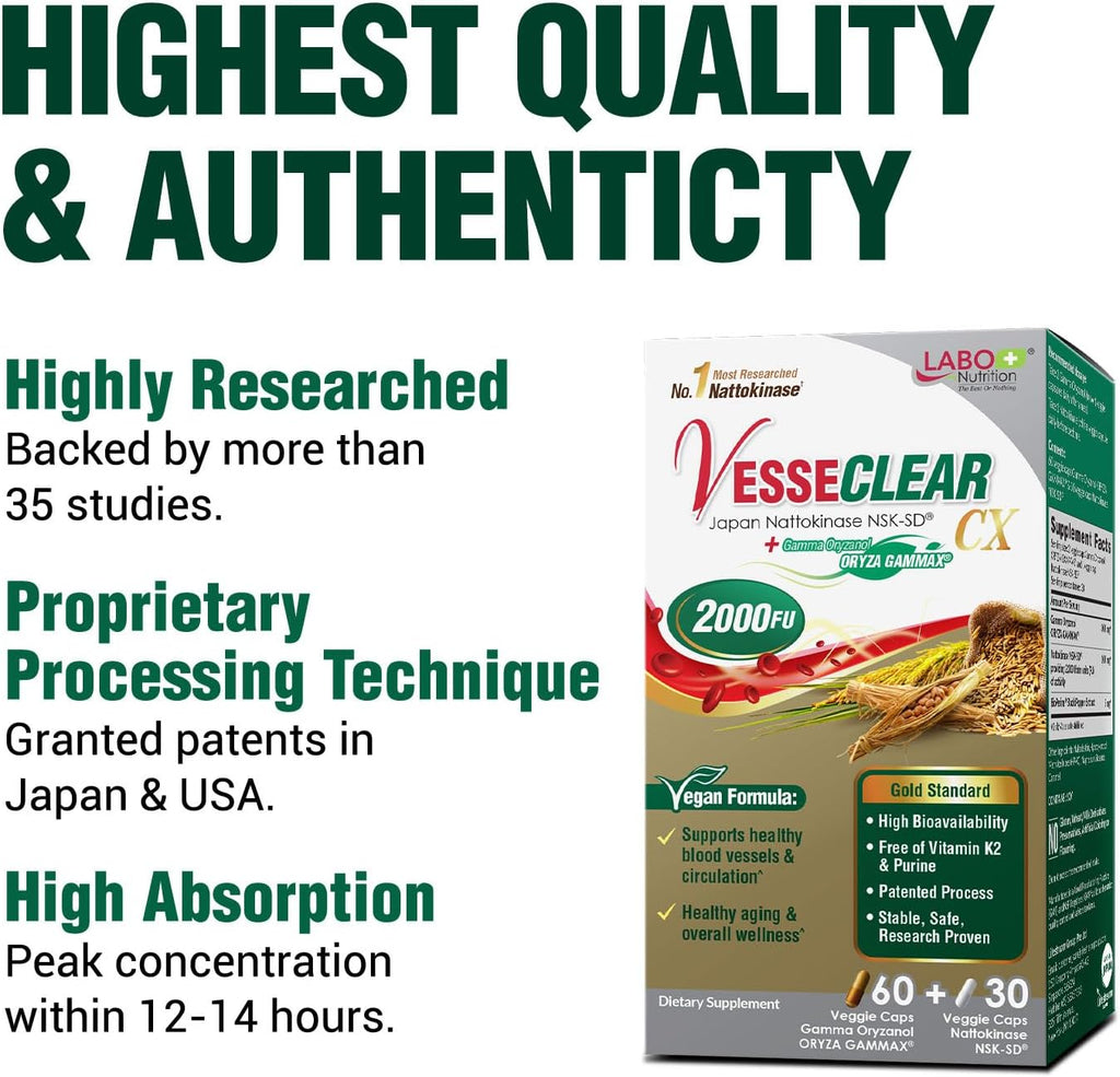 LABO Nutrition VesseCLEAR CX Nattokinase NSK-SD con Gamma Oryzanol – 3 Pack, 90 Cápsulas Veganas DR (45 Días)