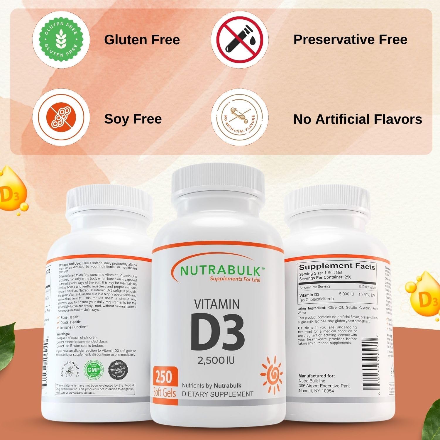 NutraBulk Vitamina D3 2500 UI - 250 Cápsulas Blandas - Alta Potencia - No-GMO, Sin Gluten, Hecho en EE.UU.