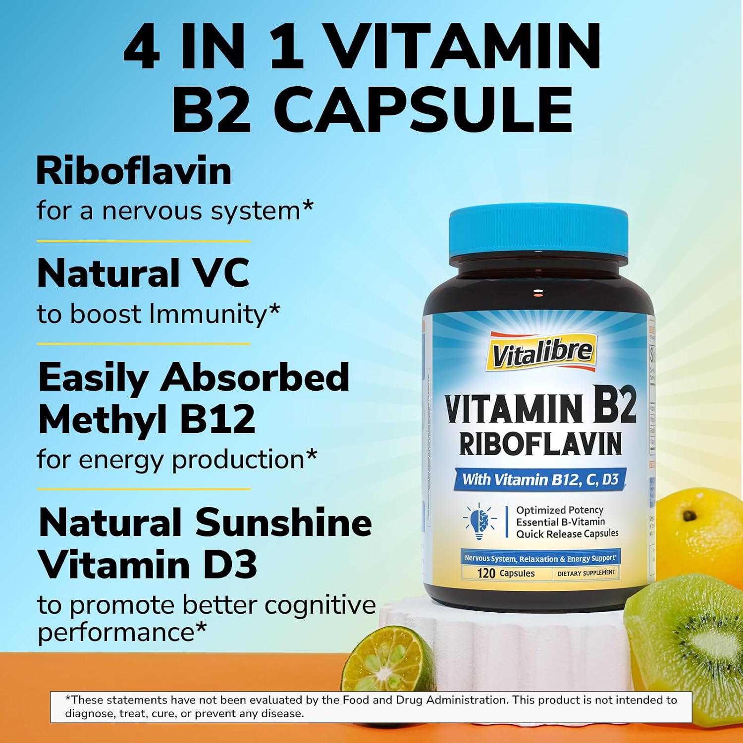 Vitamina B2 400 mg, Riboflavina, Vitamina B Esencial Diaria, Forma Fácilmente Absorbible, con B12, D3, VC, 120 Cápsulas