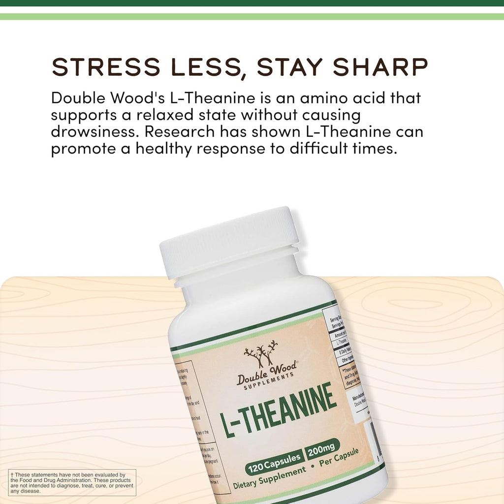 L-Theanine 200mg Doble Concentración - Favorece la Relajación y el Sueño Saludable - 120 Cápsulas (Probado por Terceros, Sin Gluten) de Double Wood
