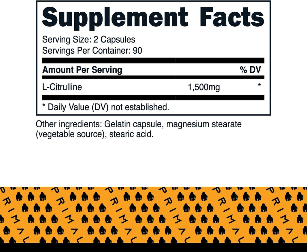 Primal L-Citrullina Cápsulas (180 Cápsulas, 1500 mg por Porción)