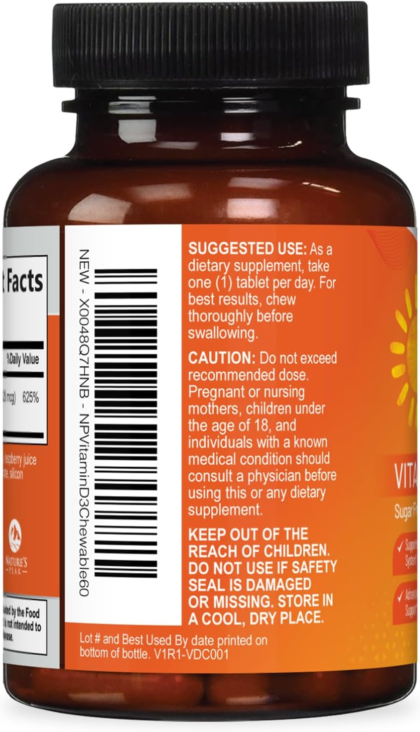 Vitamina D3 5000 IU (125 mcg) por Dosis - Triple Concentración - Apoyo Inmunológico - Vegano, Sin Gluten - Sabor Frambuesa - 60 Comprimidos Masticables