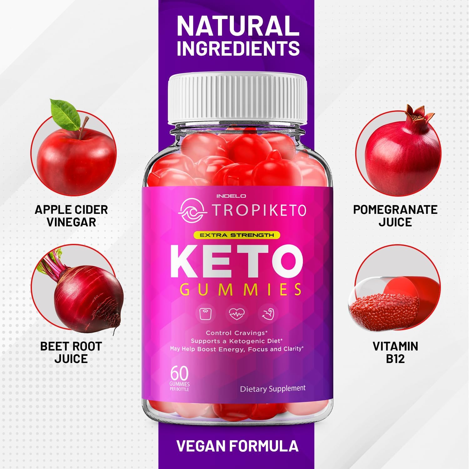 TropiKeto Keto ACV Gummies - Gomitas con Vinagre de Manzana y Vitamina B12 (60 Gominolas)