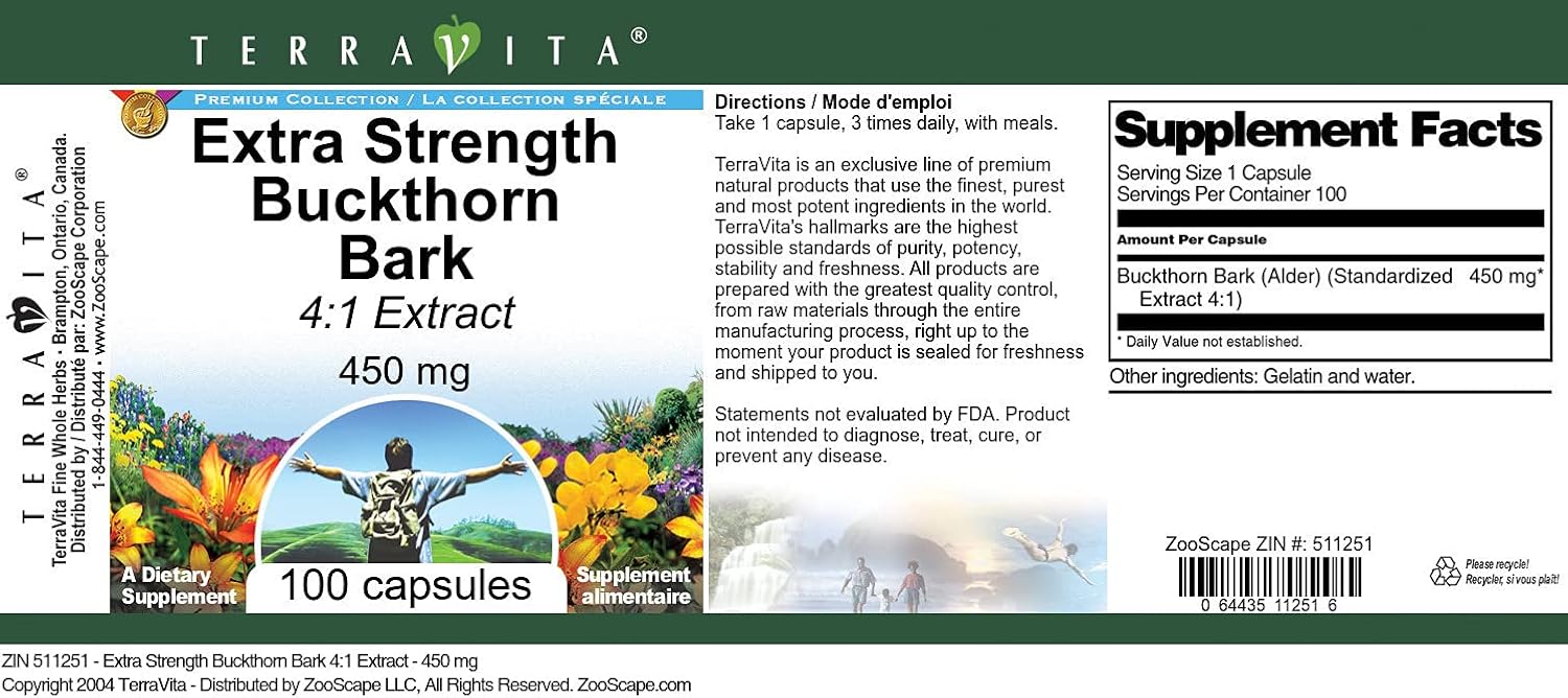 High Potency Buckthorn Bark Extract 4:1 - 450 mg (100 Capsules)
