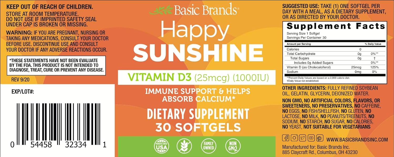 Basic Brands Happy Sunshine Vitamina D3 1000 UI (25 mcg) – 30 Cápsulas blandas