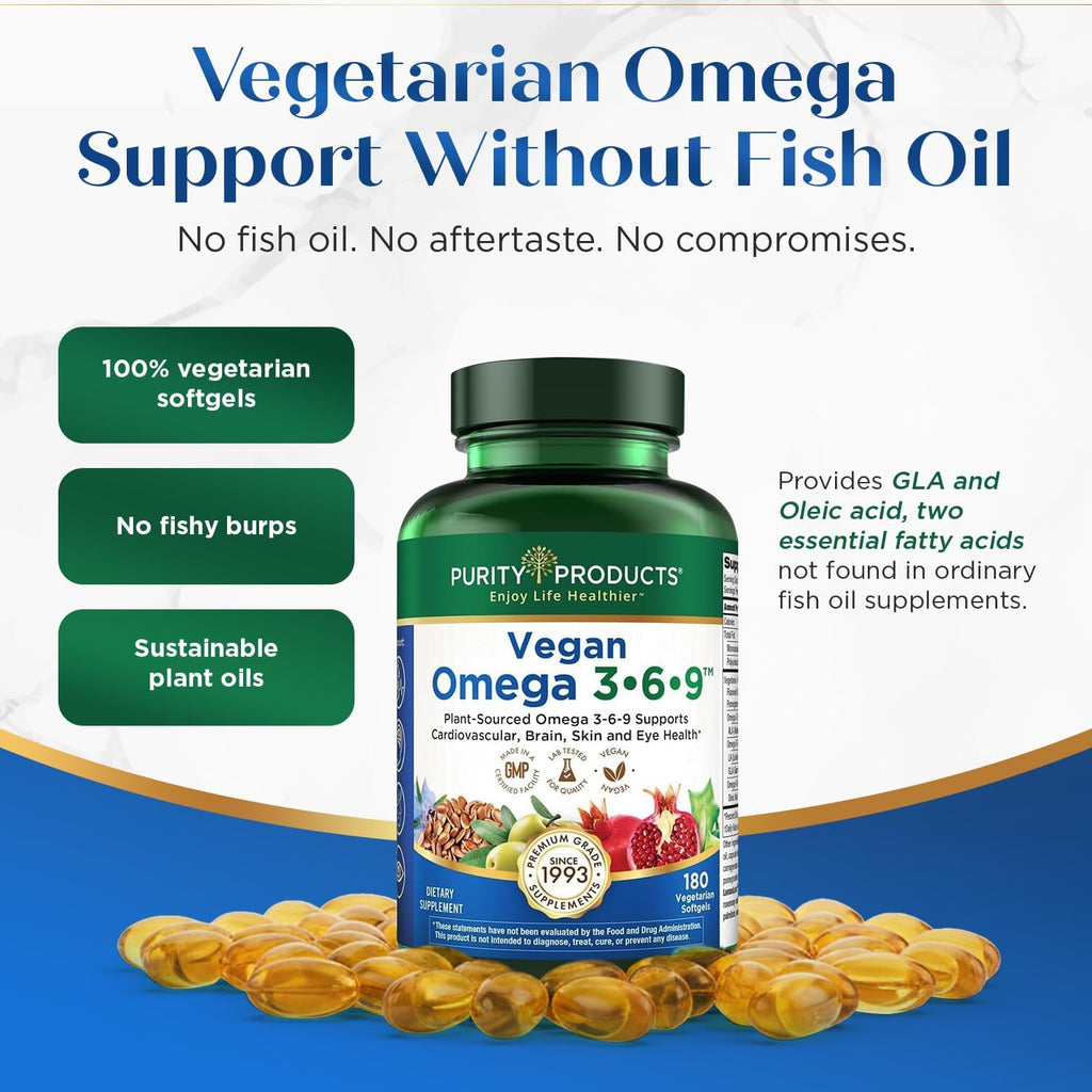 Purity Products Omega 3-6-9 Vegano - Complejo 5 en 1 de Ácidos Grasos Esenciales - 180 Cápsulas Blandas