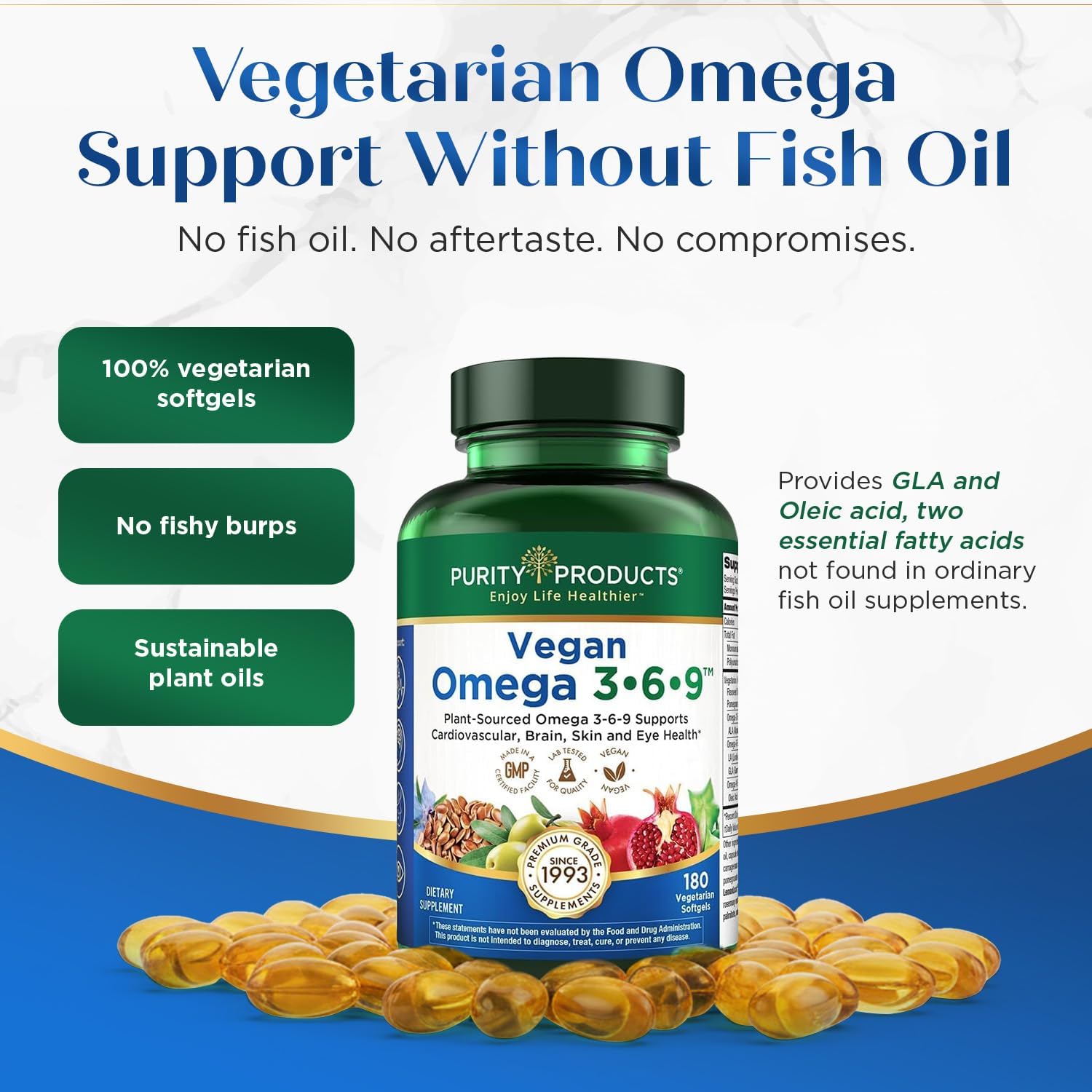 Purity Products Omega 3-6-9 Vegano - Complejo 5 en 1 de Ácidos Grasos Esenciales - 180 Cápsulas Blandas