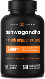 NutraChamps Ashwagandha Orgánica en Cápsulas, 2000mg con Melisa y Pimienta Negra
