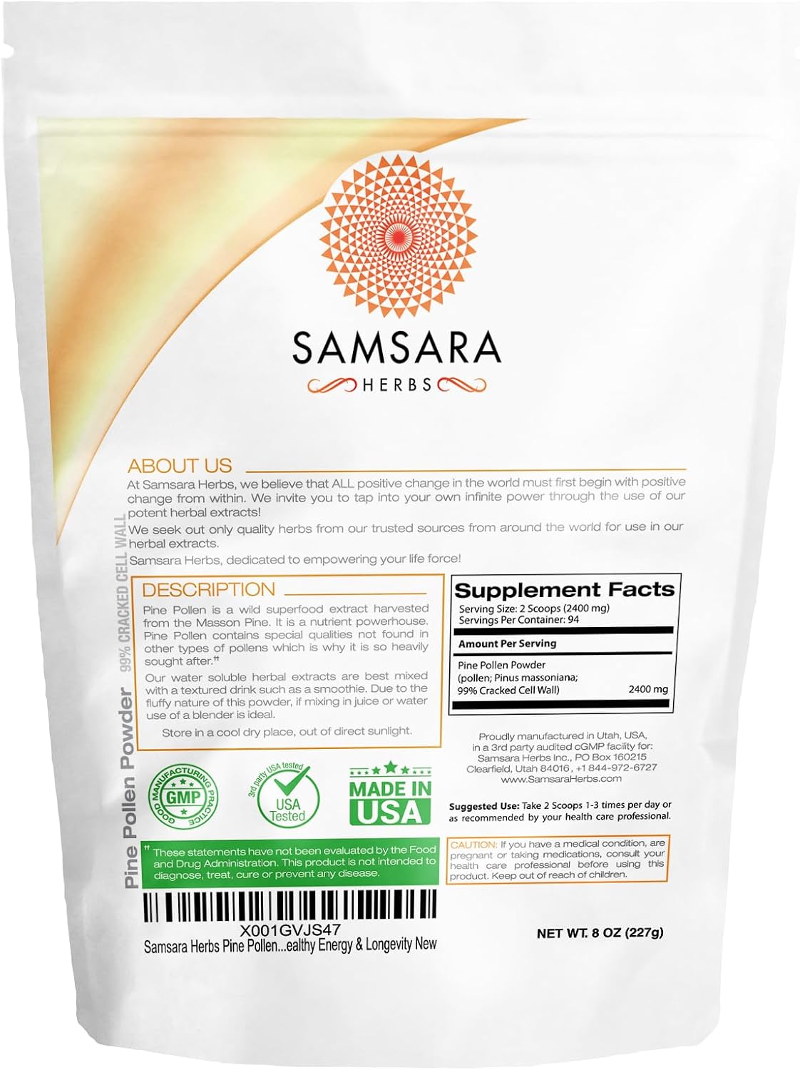 Samsara Herbs Pine Pollen Powder - Cosecha Silvestre, 99% Pared Celular Rota (227g)