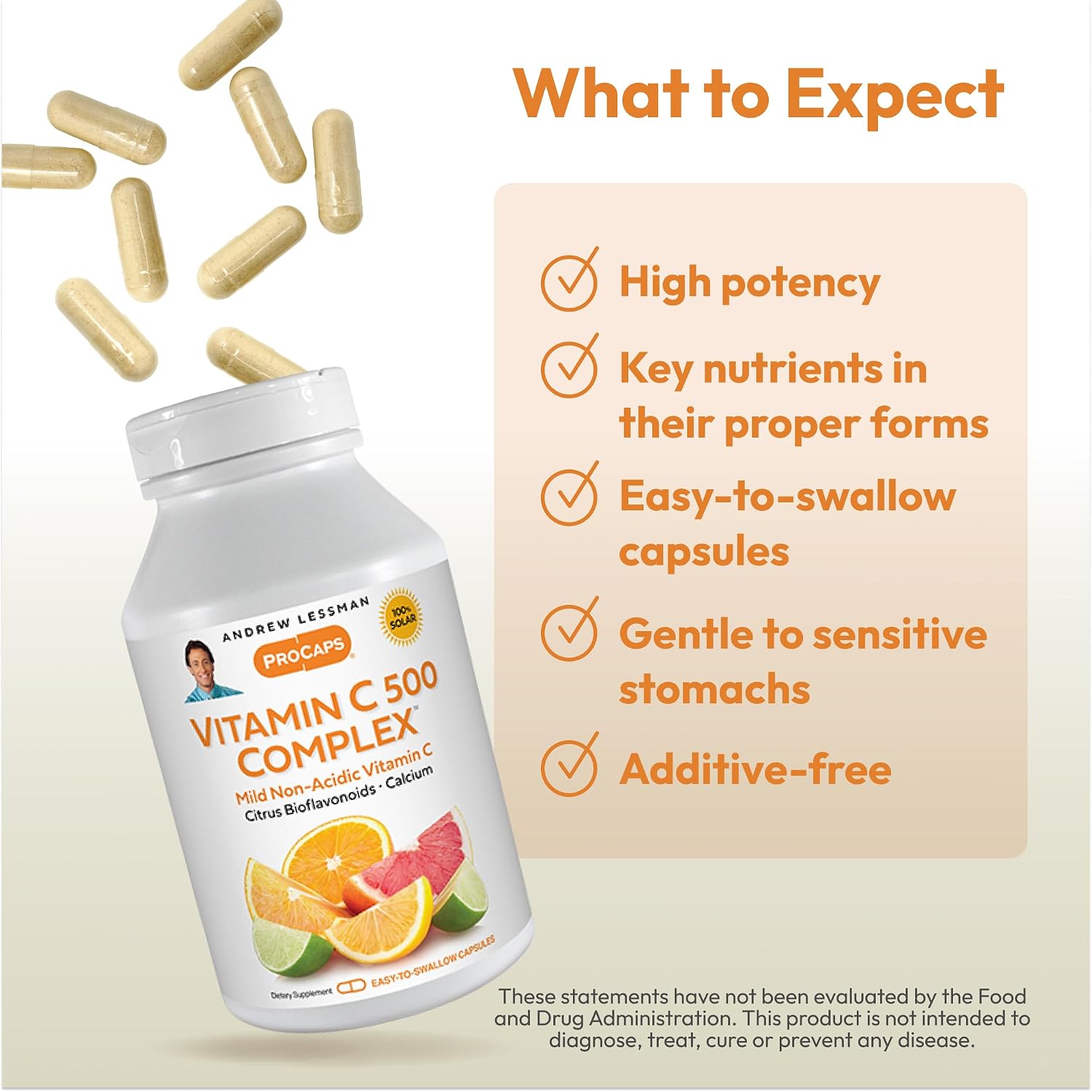ANDREW LESSMAN Vitamin C 500 Complex 180 Capsules - Non-Acidic Vitamin C with Citrus Bioflavonoids
