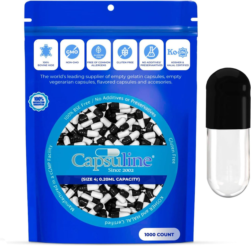 Capsuline Cápsulas de Gelatina Vacías Tamaño 4, Negro/Transparente - 1000 Unidades | Sin Gluten, Kosher, Certificado No-GMO | Cápsulas de Gelatina Bovina para Relleno de Suplementos DIY
