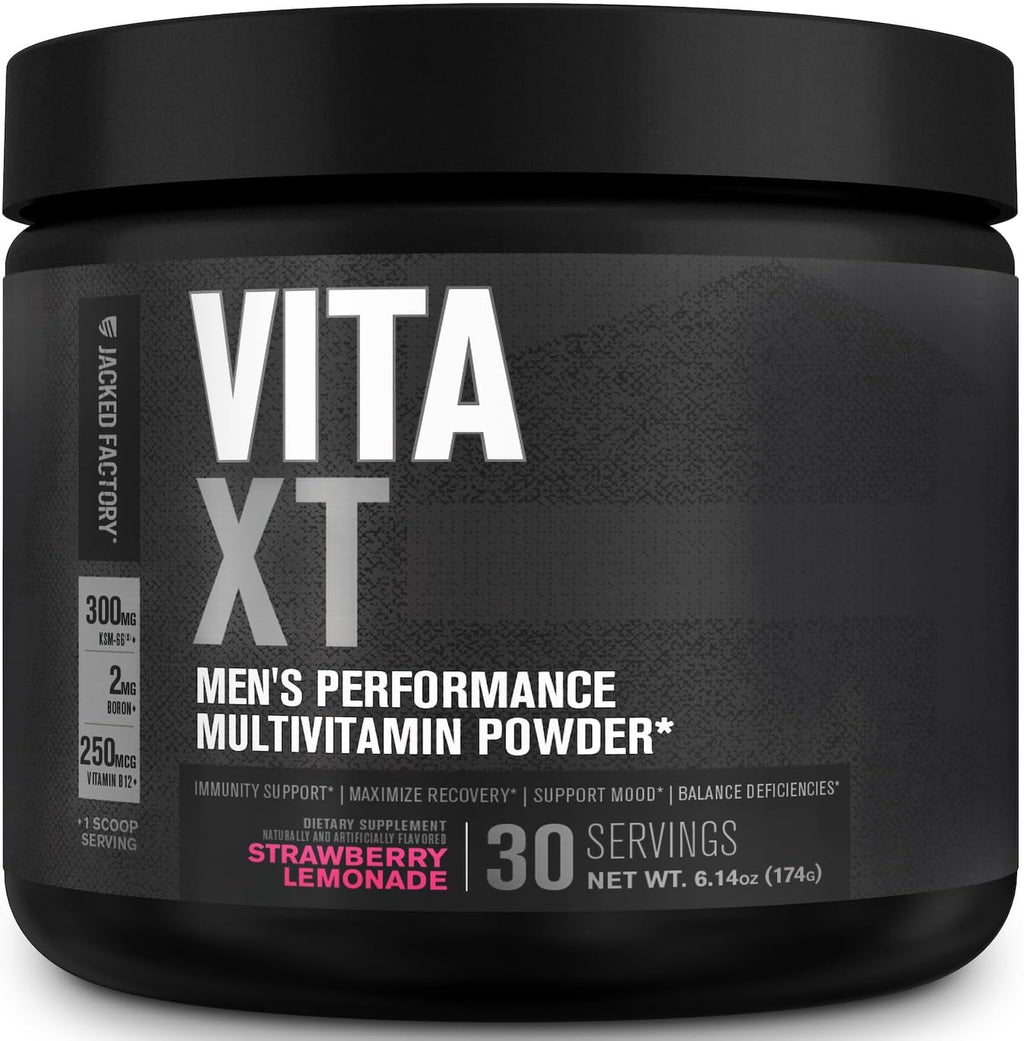 Jacked Factory Vita XT Performance Vitamin Powder - Multivitamínico en polvo para hombres con KSM-66 Ashwagandha, fibra prebiótica, vitaminas A, C, D, K, B6, B12 y más - Sabor limonada de fresa, 30 dosis