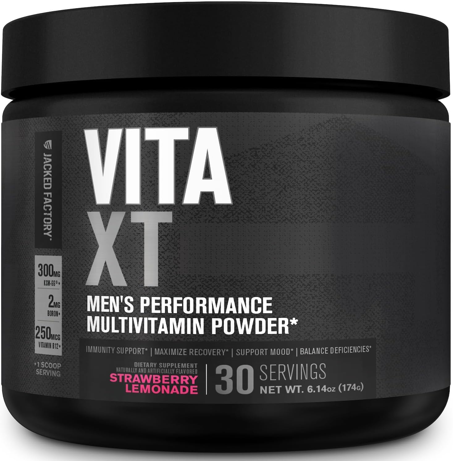 Jacked Factory Vita XT Performance Vitamin Powder - Multivitamínico en polvo para hombres con KSM-66 Ashwagandha, fibra prebiótica, vitaminas A, C, D, K, B6, B12 y más - Sabor limonada de fresa, 30 dosis