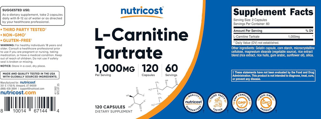 Nutricost L-Carnitina Tartrato 1000mg, 120 Cápsulas