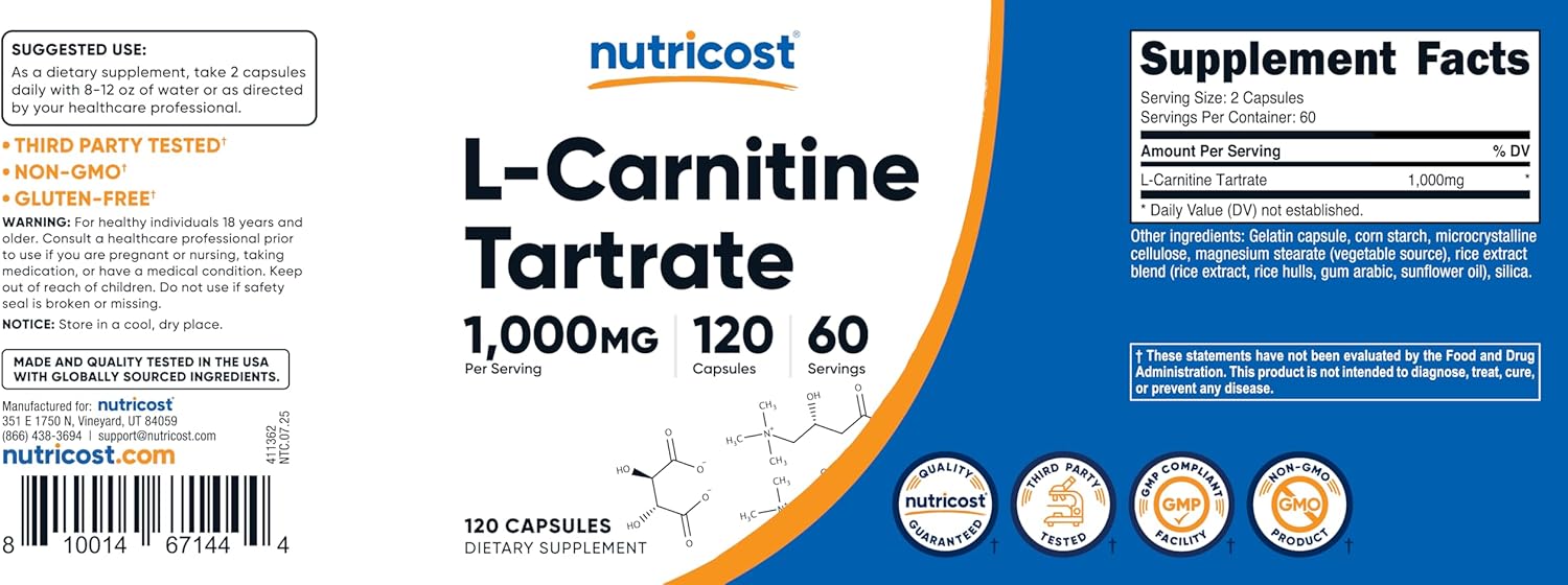 Nutricost L-Carnitina Tartrato 1000mg, 120 Cápsulas