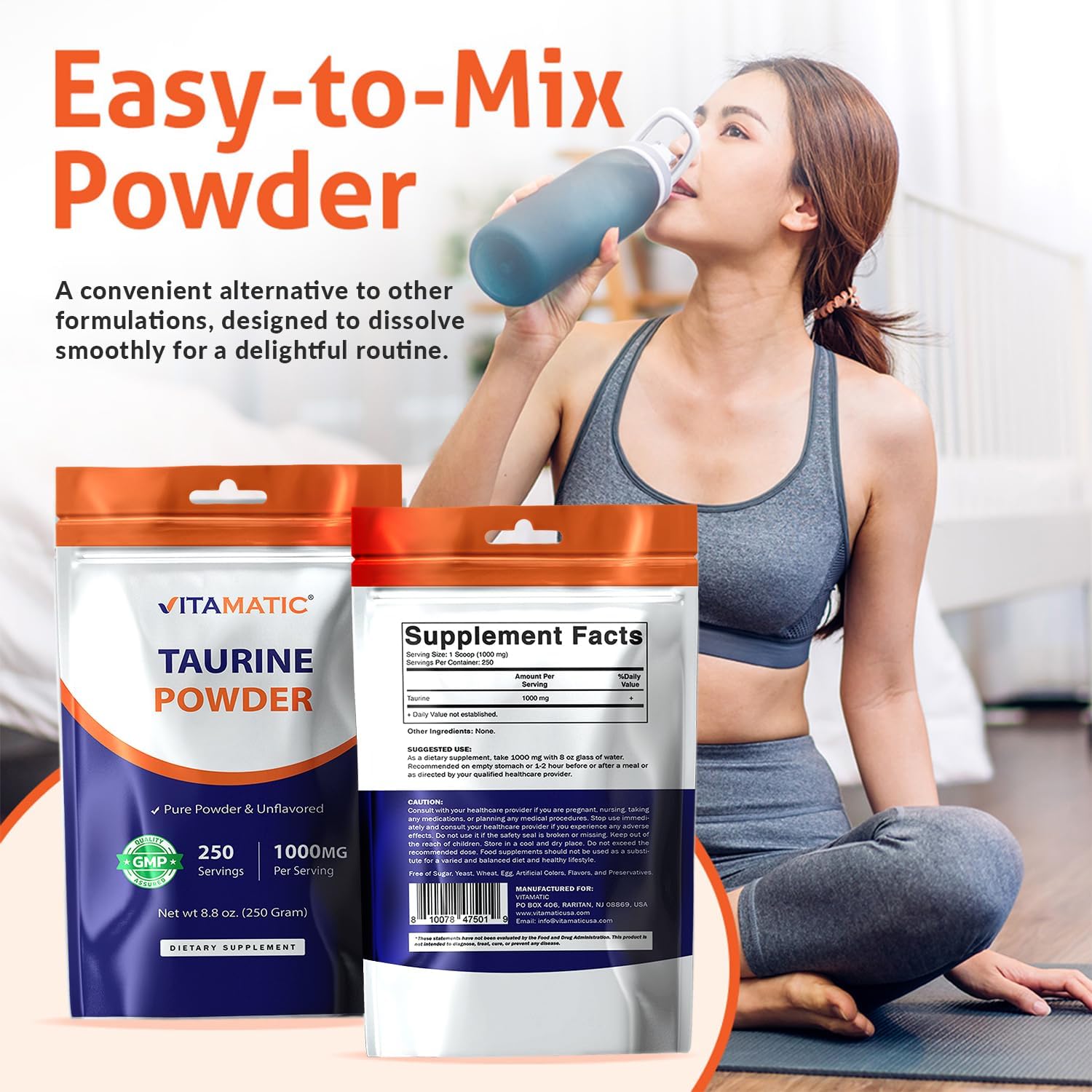 Vitamatic Taurina Pura 1000mg 250 Servicios - No Transgénico, Sin Gluten