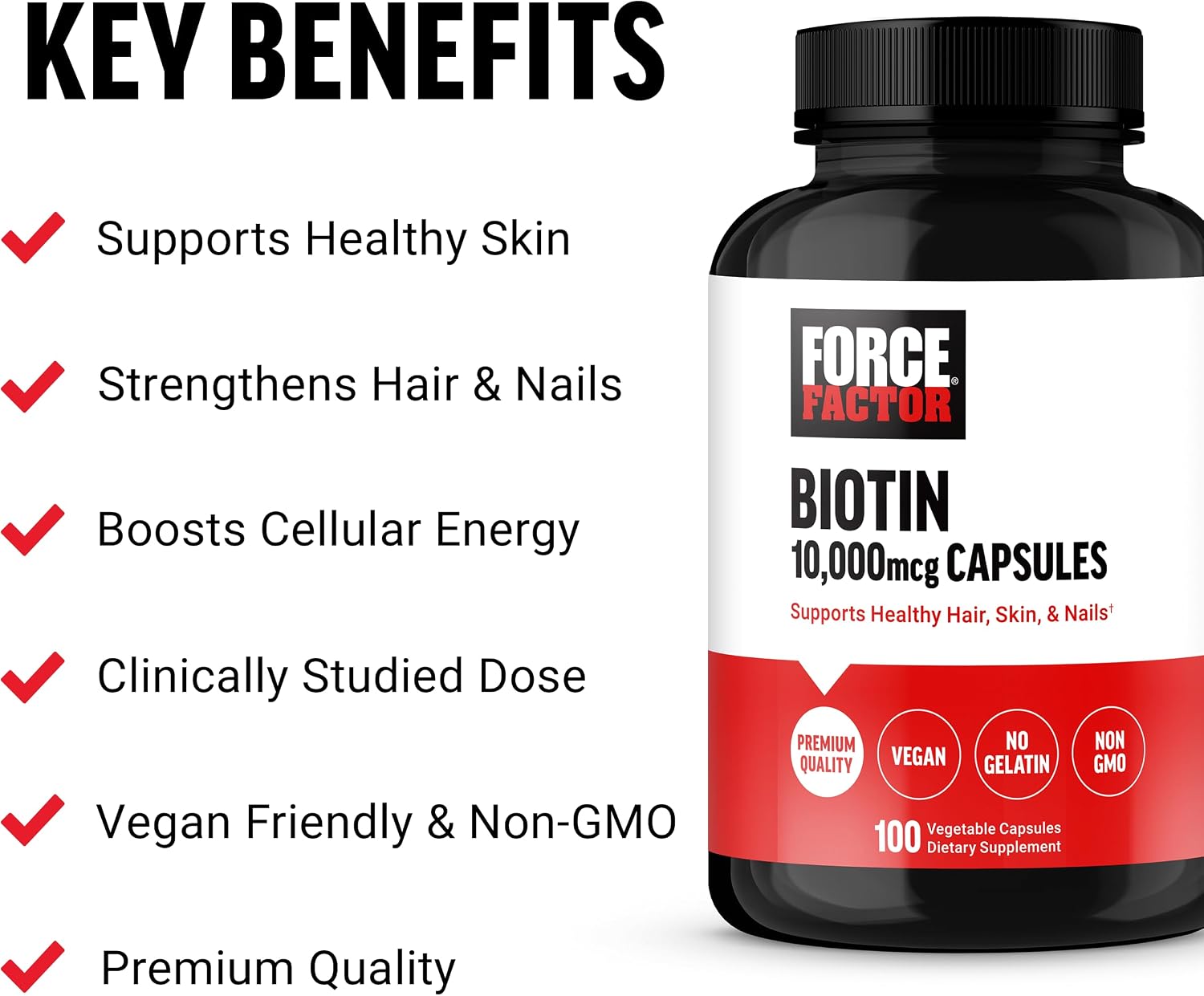 Force Factor Biotin 10000mcg - Suplemento de Biotina Vegano - 100 Cápsulas Vegetales