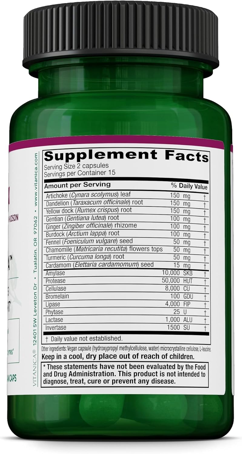 Vitanica Bitters Extra - Digestive Supplement with Dandelion and Enzymes - 30 Capsules