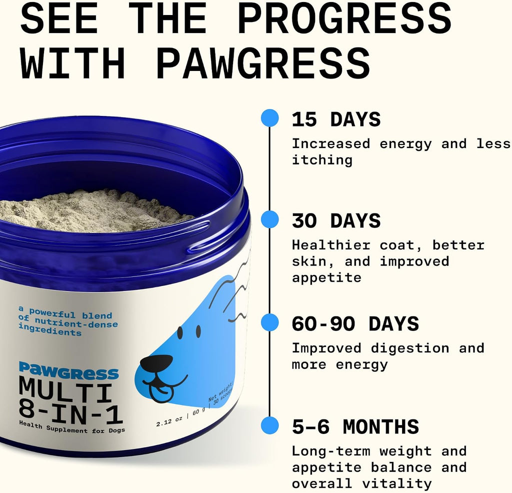 Pawgress Multivitamínico 8 en 1 para Perros – Polvo Natural con Calostro – 30 Dosis