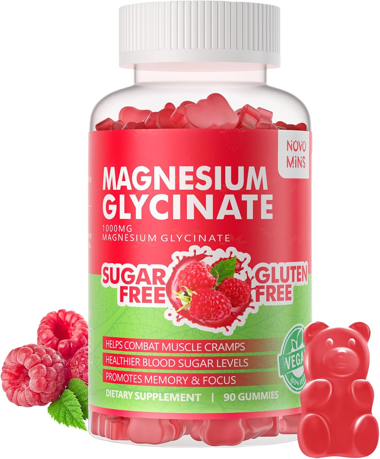 Gominolas de Magnesio Glicinato 1000mg - Sin Azúcar, con Vitamina D, B6 y CoQ10 - 90 Gominolas Sabor Frambuesa