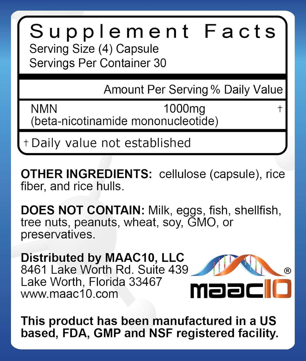 MAAC10 NMN Supplement 1000mg Pure NMN Nicotinamide Mononucleotide.
