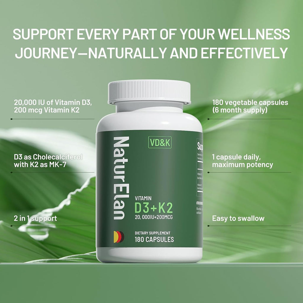 NaturElan Vitamina D3 K2 - 20.000 UI D3 + 200 mcg K2 (MK-7), 180 Cápsulas, Vegano, Sin Gluten