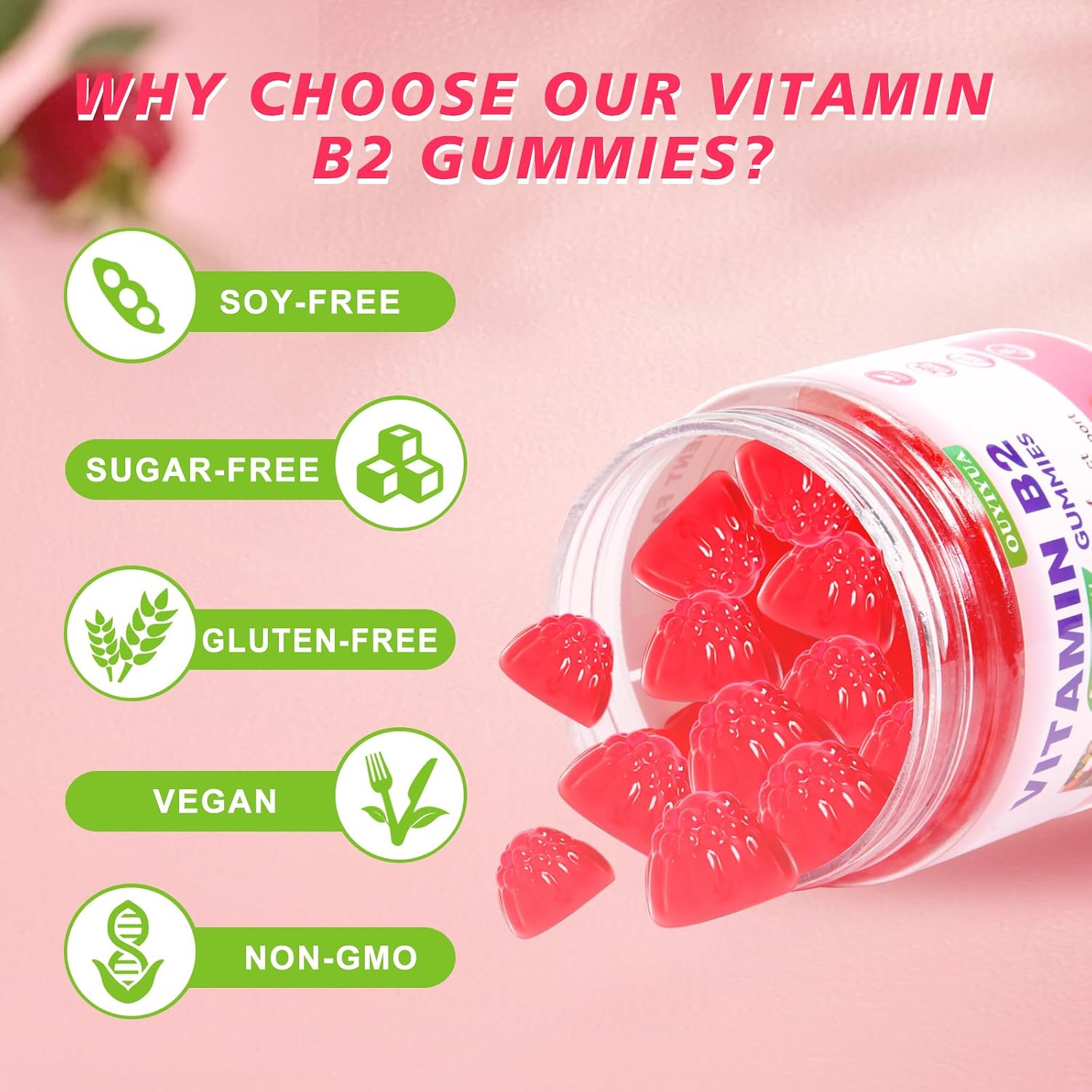 Gominolas de Vitamina B2 (Riboflavina) 400mg con Magnesio - 90 unidades - Vegano, Sin Azúcar - Sabor Frambuesa