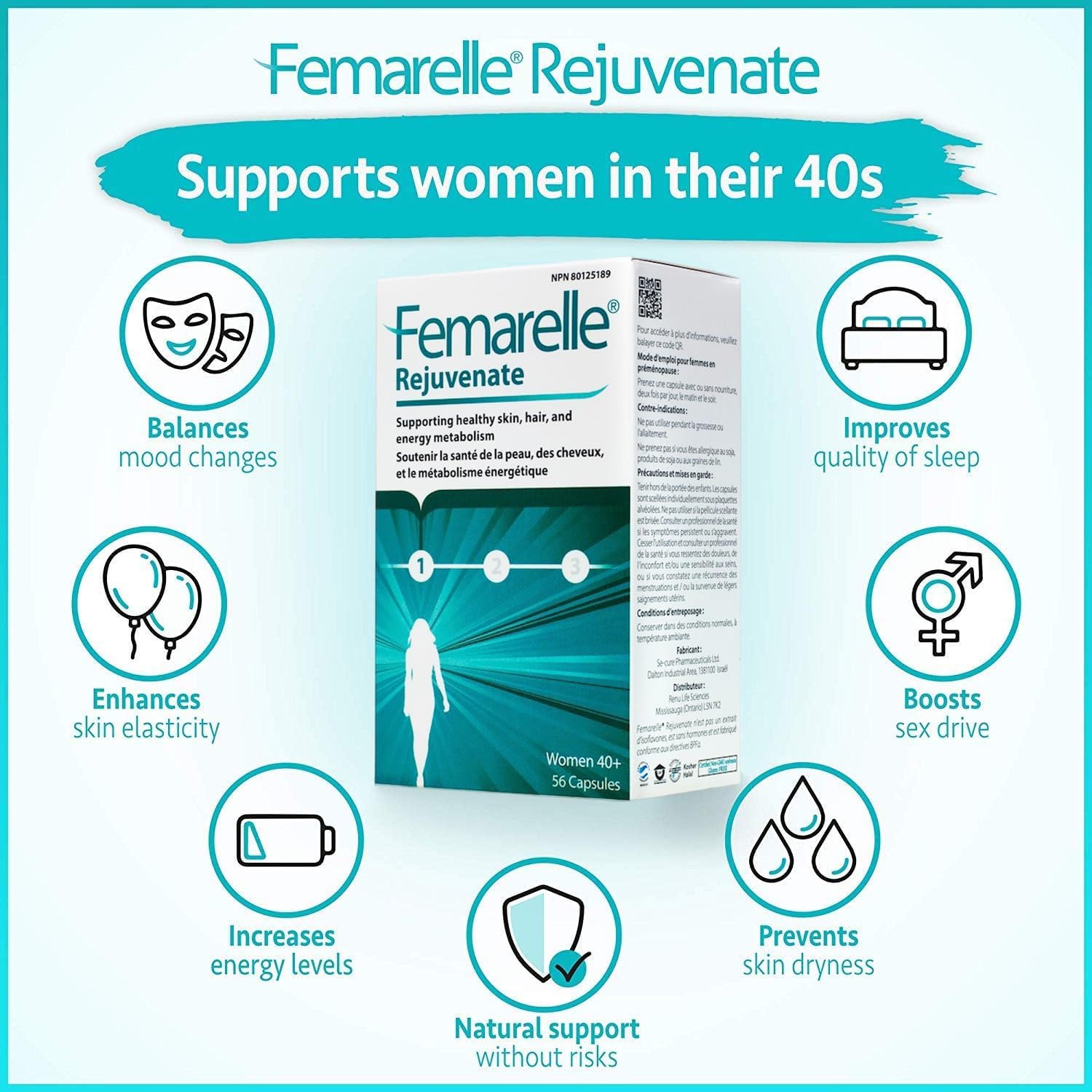Femarelle Rejuvenate – Complemento para perimenopausia con DT56a y linaza – 56 cápsulas