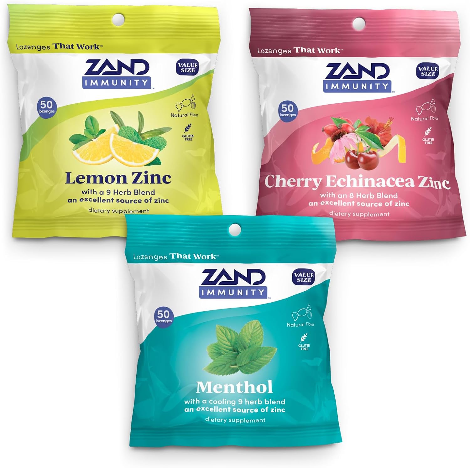 ZAND Immunity Variety 3 Pack - Pastillas de Zinc, Echinacea y Mentol para la Garganta