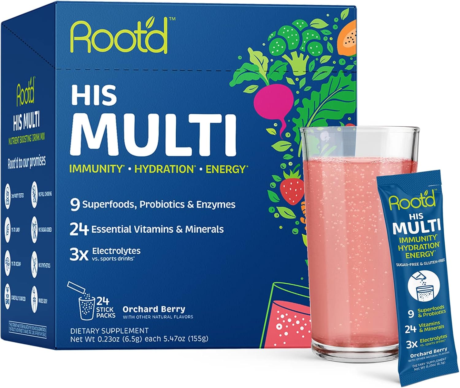 Root'd Multivitamínico en Polvo para Hombres con 3x Electrolitos - 24 Vitaminas y Minerales, 9 Superalimentos Orgánicos, Probióticos y Enzimas, Sin Azúcar | 24 Sobres