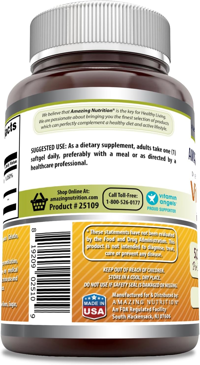 Amazing Formulas Vitamina D3 con Aceite de Oliva 5000 IU - 180 Cápsulas Blandas