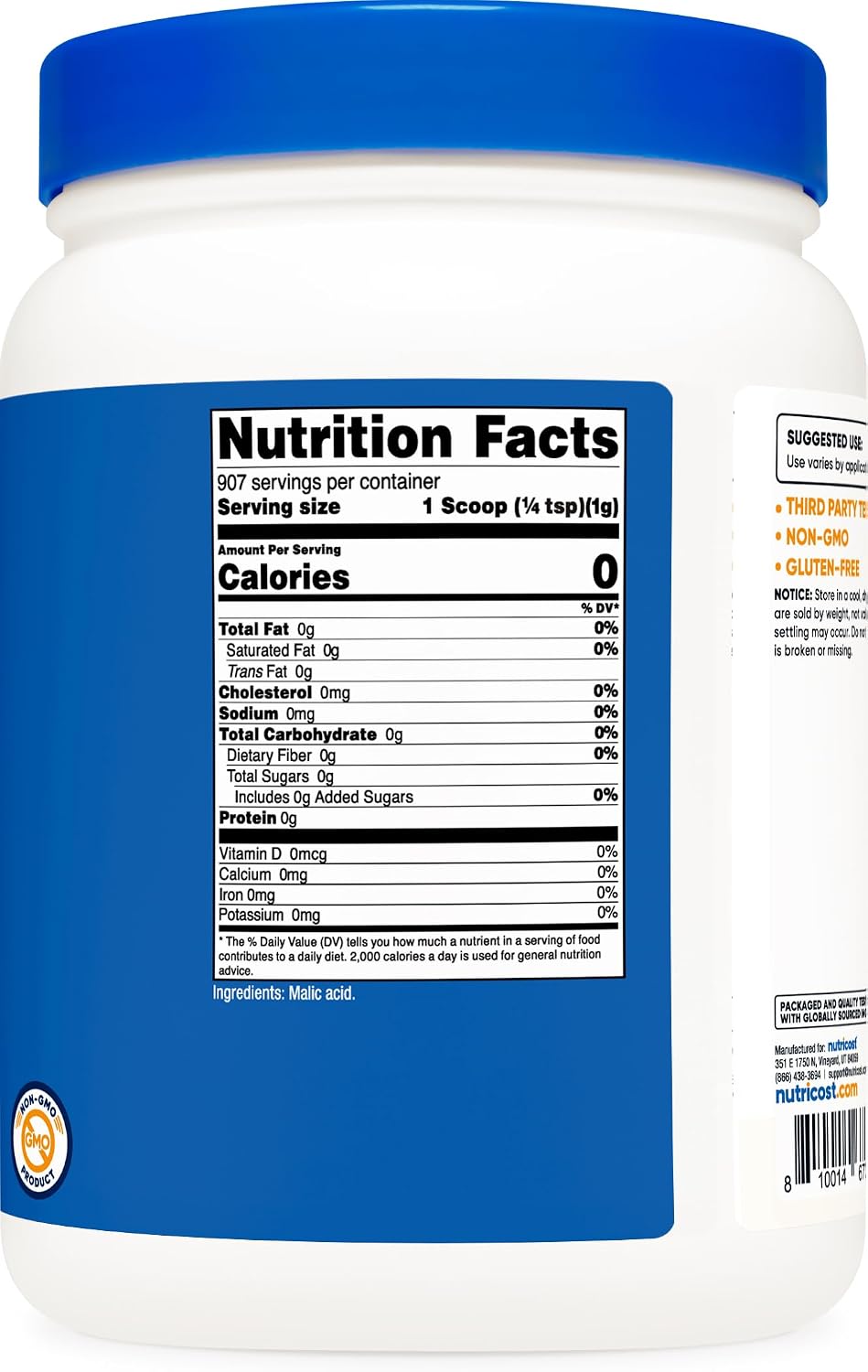 Nutricost Ácido Málico en Polvo 2 Lbs - Sin Gluten, No GMO